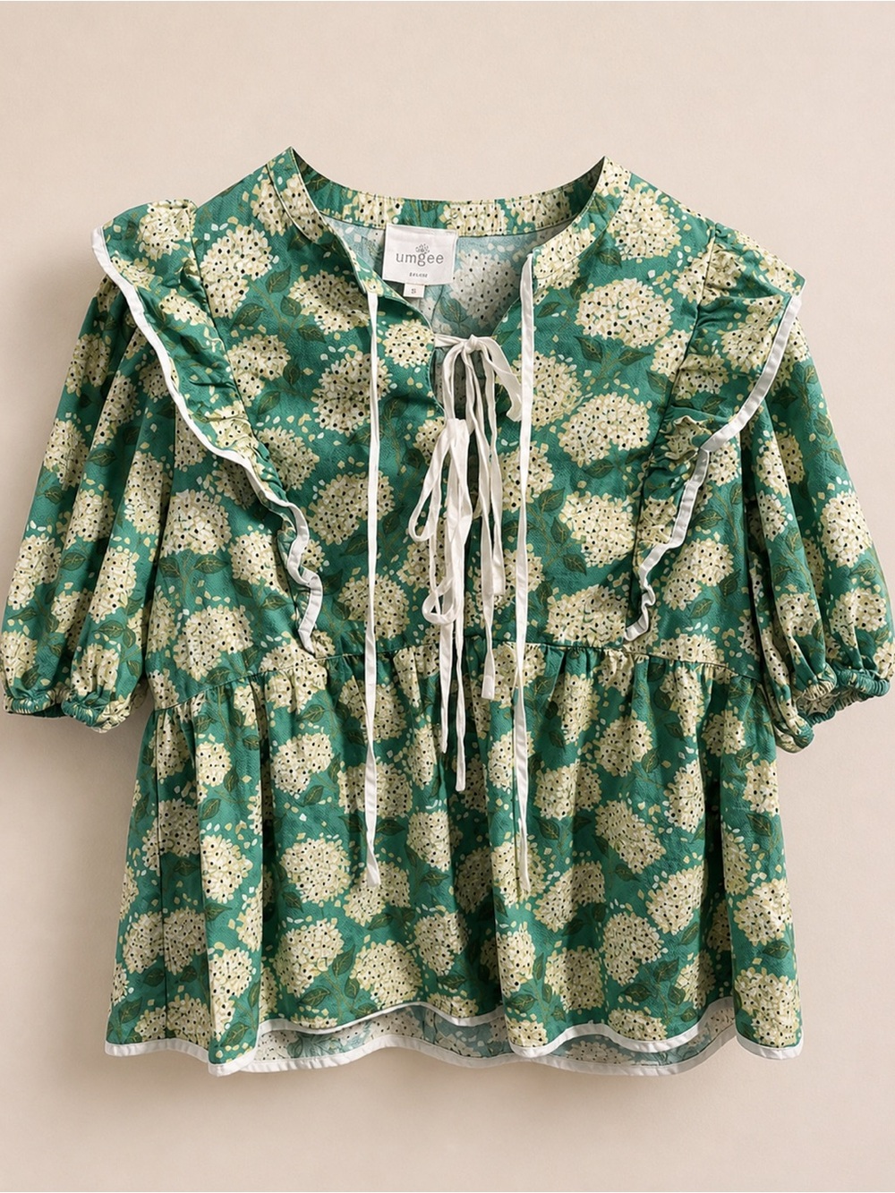 Umgee Green and Cream Floral Ruffle Tie-Neck Blouse